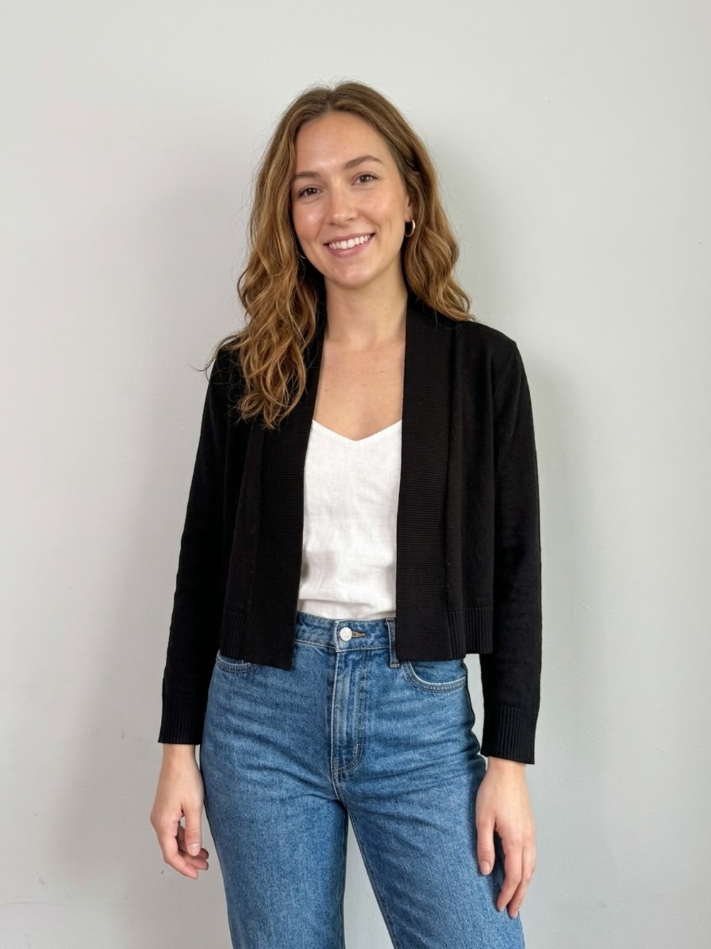 Calvin Klein Black Silk Blend Cropped Cardigan Sweater Open Front Shrug Size S